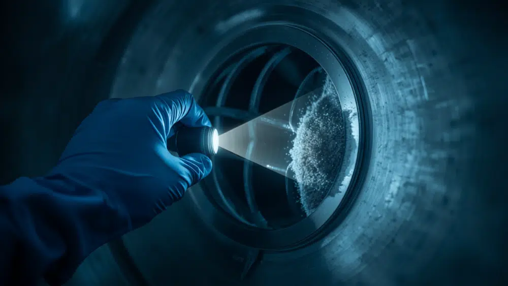 Tecnico verifica con una torcia l'accumulo di polvere vicino a una presa d'aria in una condotta