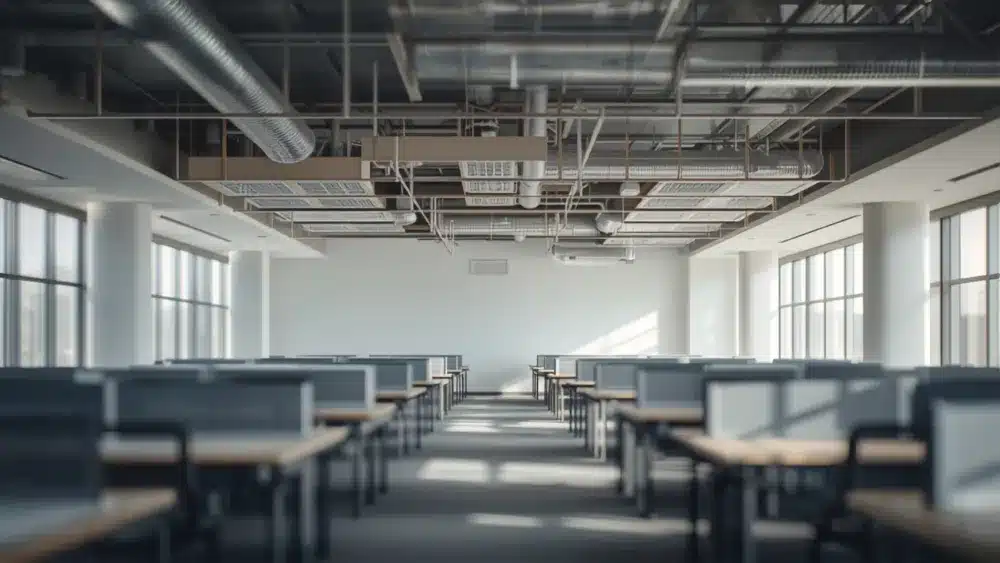 Ufficio con controsoffitto aperto e canali dell&rsquo;aria a vista sopra le postazioni