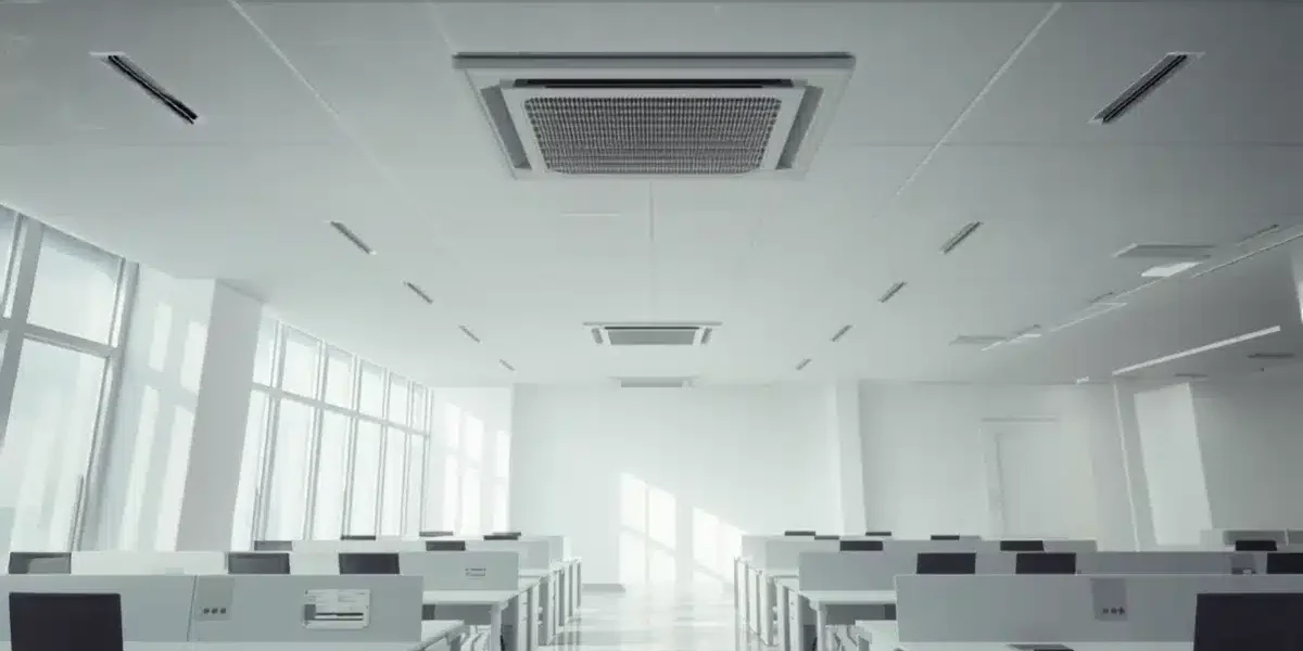 Climatizzazione negli uffici Ogni quanto pulire l’impianto di climatizzazione di un ufficio: open space con climatizzatore a cassetta a soffitto