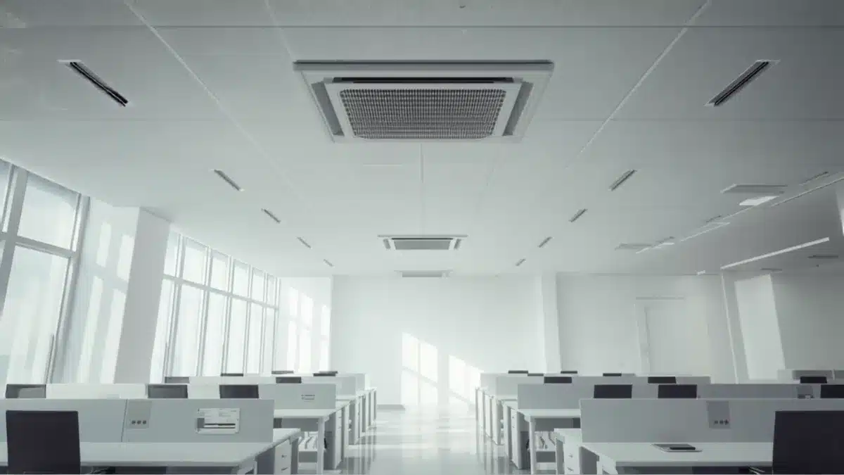 Ogni quanto pulire l'impianto di climatizzazione di un ufficio: open space con climatizzatore a cassetta a soffitto