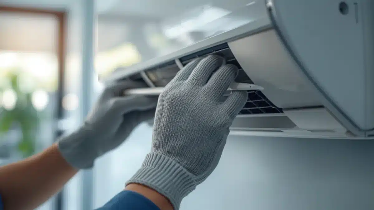 Tecnico rimuove il filtro di un climatizzatore split in un ufficio