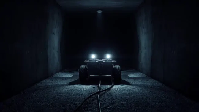 Carrello robotizzato con telecamera e fari LED durante la videoispezione di un canale d’aria rettangolare