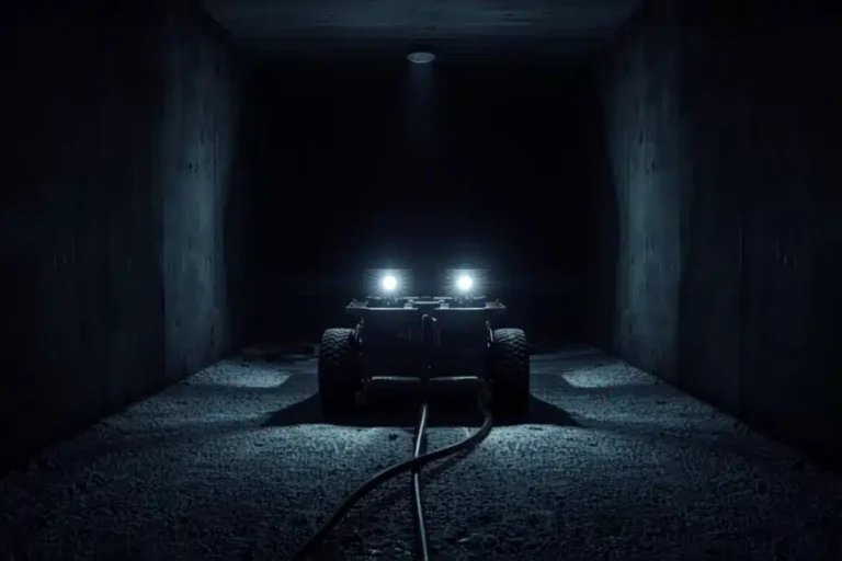 Carrello robotizzato con telecamera e fari LED durante la videoispezione di un canale d’aria rettangolare