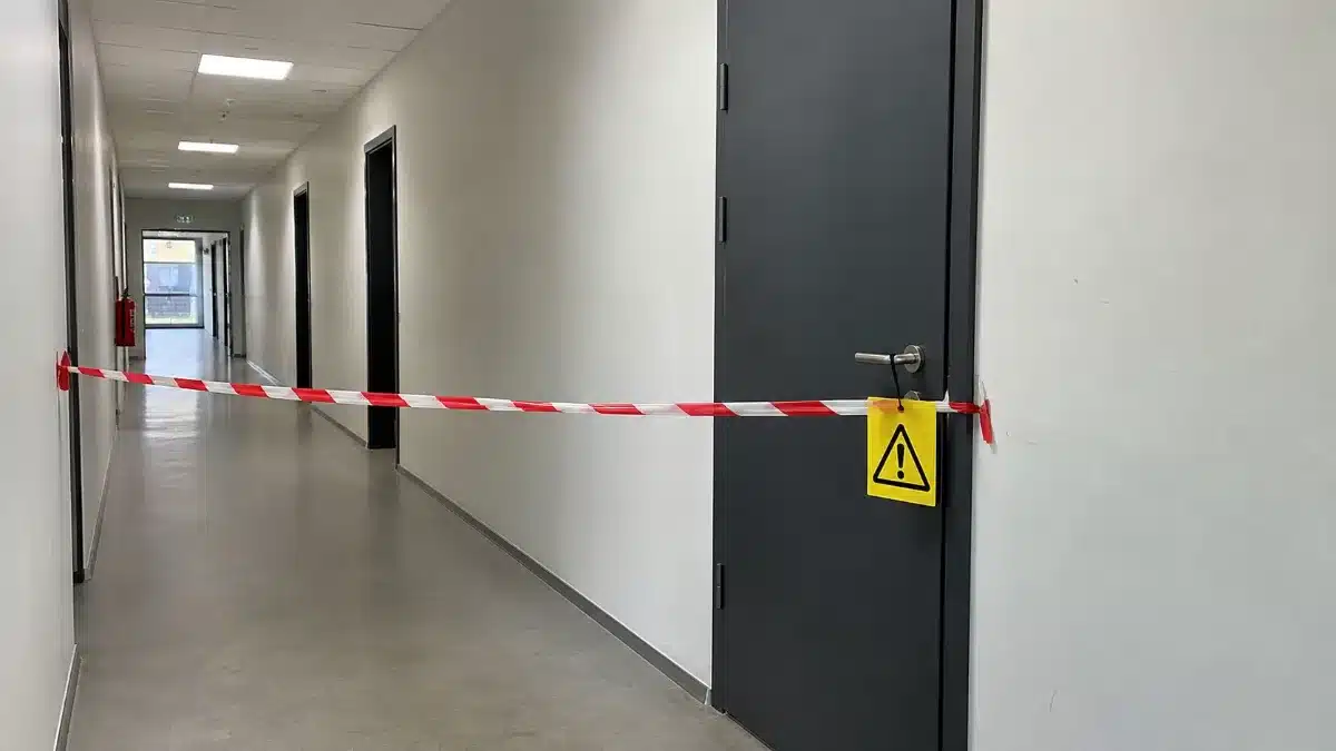 Personale gestisce accesso a un locale tecnico durante il trattamento a ozono di una condotta aeraulica