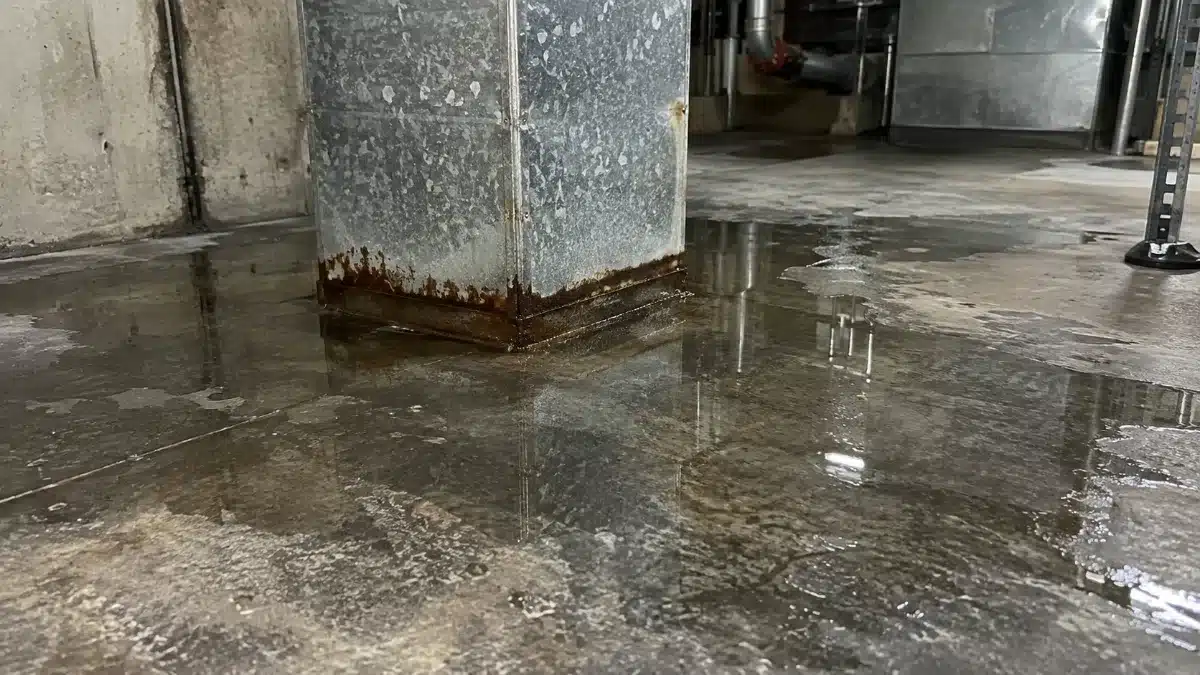 acqua stagnante attorno a una condotta di ventilazione dopo un allagamento in un locale tecnico