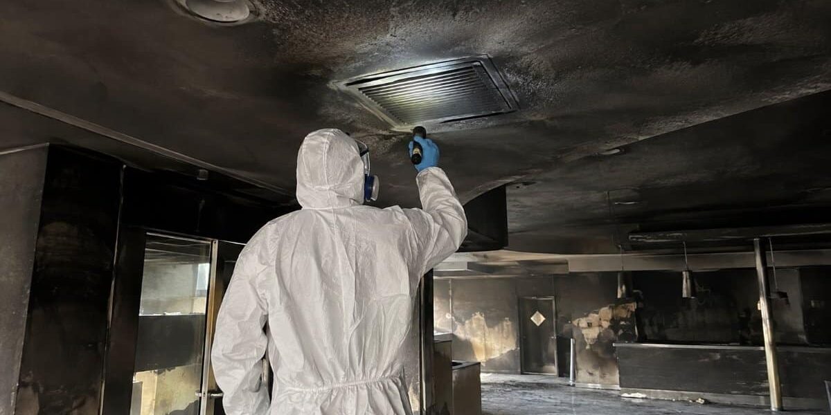 Bonifica condotte dopo incendio: sopralluogo su griglia annerita tecnico in tuta protettiva ispeziona una griglia di ventilazione annerita dalla fuliggine durante la bonifica delle condotte dopo un incendio