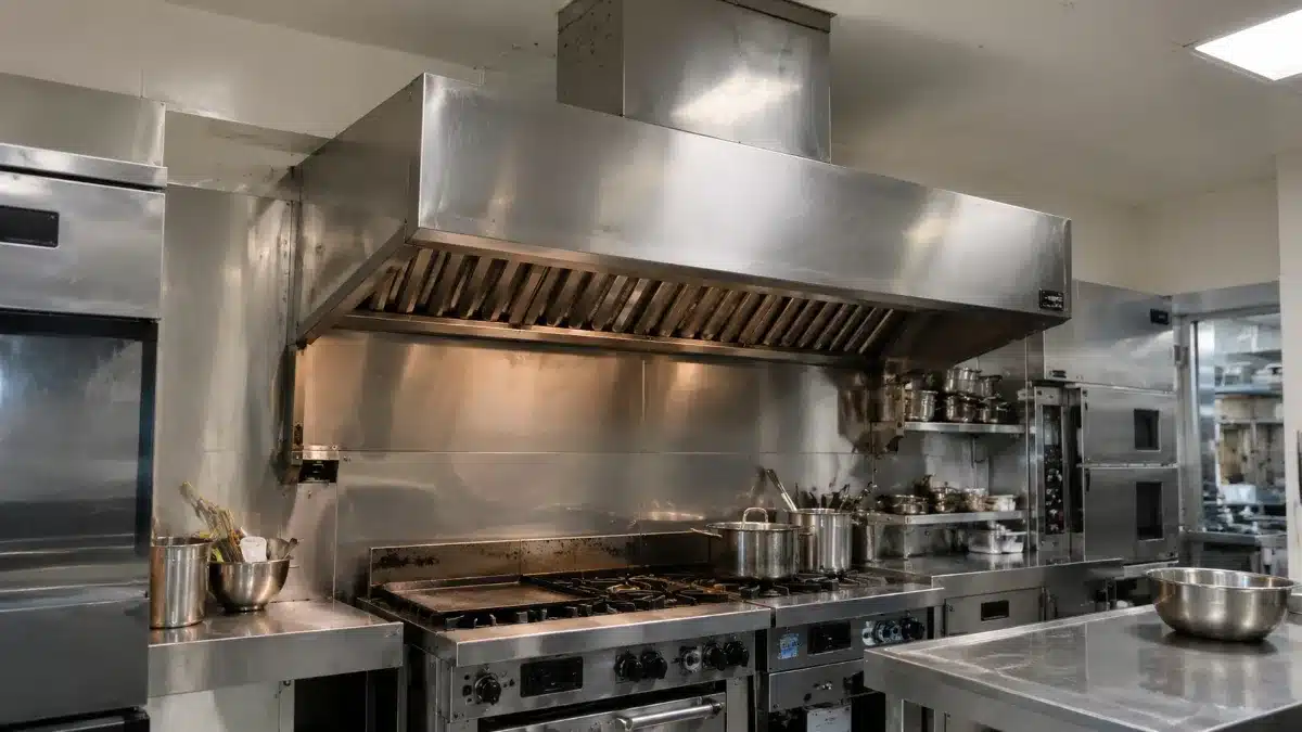 cappa di aspirazione in acciaio inox con condotto di ventilazione in una cucina professionale