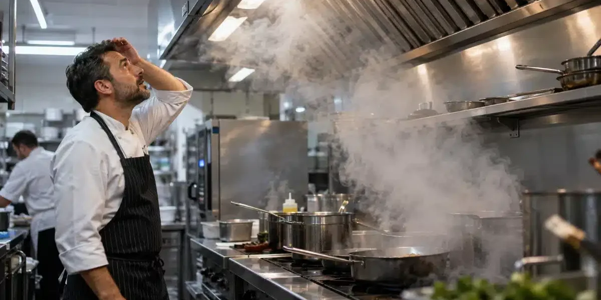 La Cappa del Ristorante Non Aspira o Aspira Poco: Cause e Soluzioni Fumo che ristagna sotto la cappa di un ristorante che non aspira più correttamente