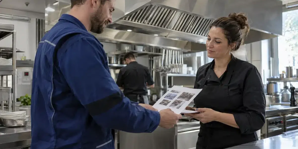 Tecnico AirBio consegna il certificato di pulizia della cappa con rapporto fotografico alla titolare di un ristorante