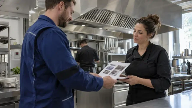 Tecnico AirBio consegna il certificato di pulizia della cappa con rapporto fotografico alla titolare di un ristorante
