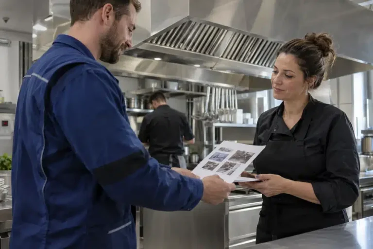 Tecnico AirBio consegna il certificato di pulizia della cappa con rapporto fotografico alla titolare di un ristorante