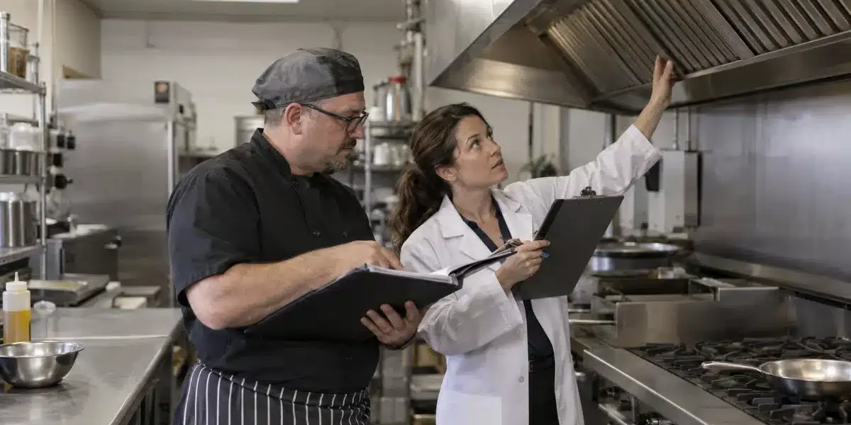 Ispezione ASL in una cucina di ristorante: controllo dei filtri della cappa e del registro HACCP