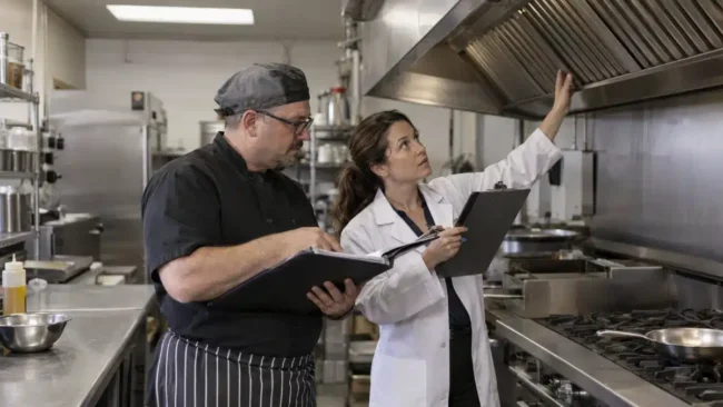 Ispezione ASL in una cucina di ristorante: controllo dei filtri della cappa e del registro HACCP
