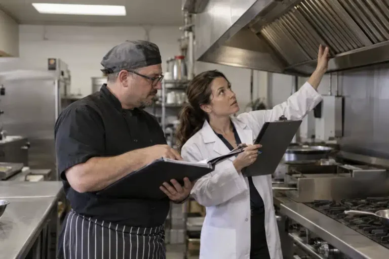 Ispezione ASL in una cucina di ristorante: controllo dei filtri della cappa e del registro HACCP