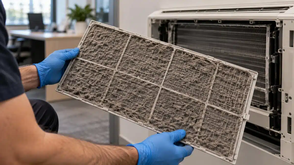 filtro di un fan coil estratto dalla macchina e coperto di polvere e lanugine, tenuto da mani con guanti in nitrile