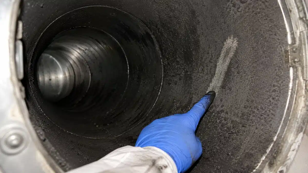 depositi neri di fuliggine sulle pareti interne di una condotta di ventilazione dopo un incendio, illuminati da una torcia