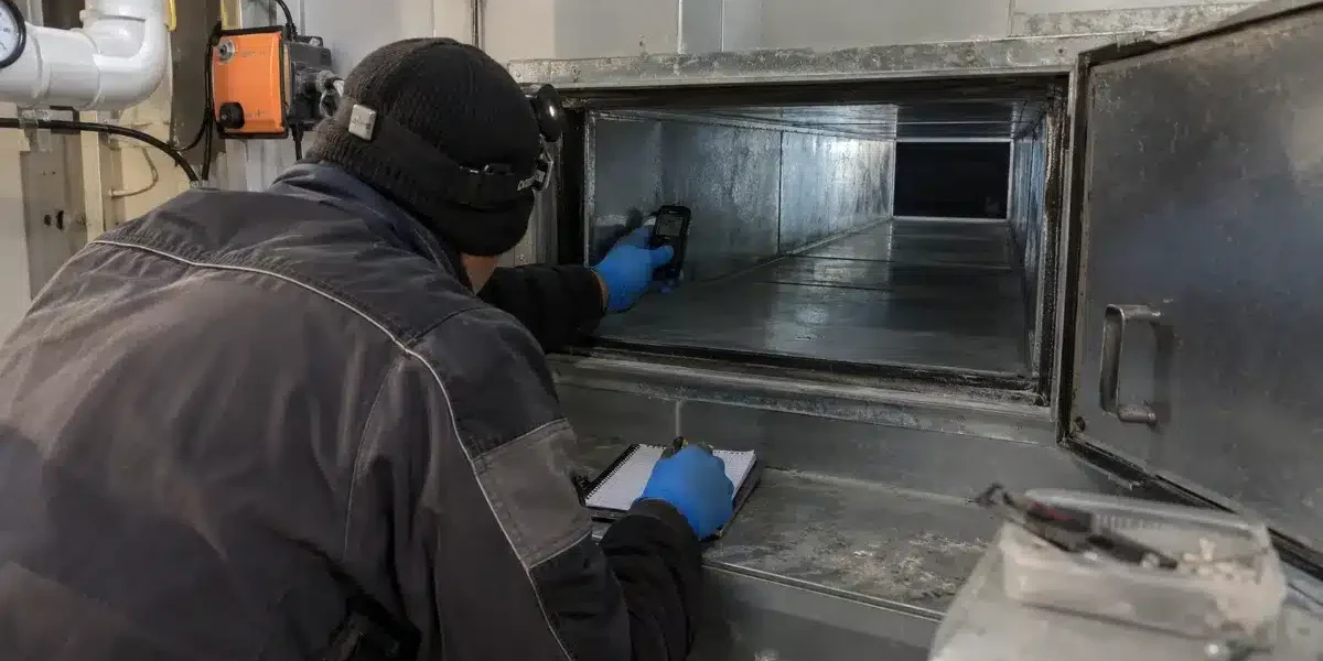 Classificazione della condotta secondo UNI EN 15780 tecnico ispeziona e misura i depositi in una condotta di ventilazione per la classificazione secondo la UNI EN 15780