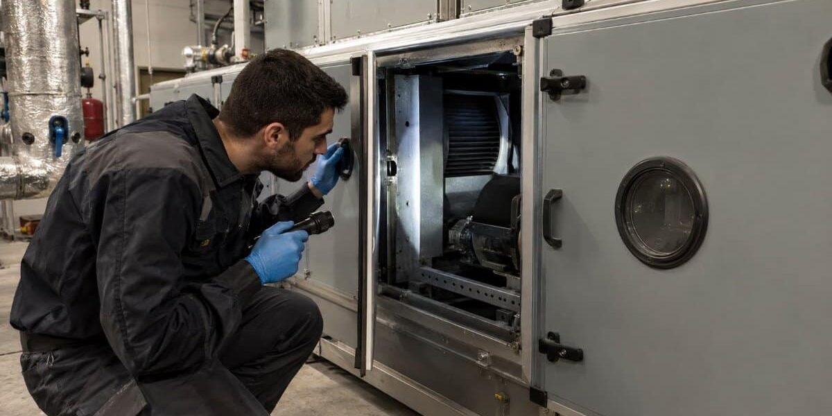Ispezione di una UTA con pannello aperto tecnico con tuta da lavoro e torcia ispeziona la sezione interna di una unità di trattamento aria con il pannello di ispezione aperto