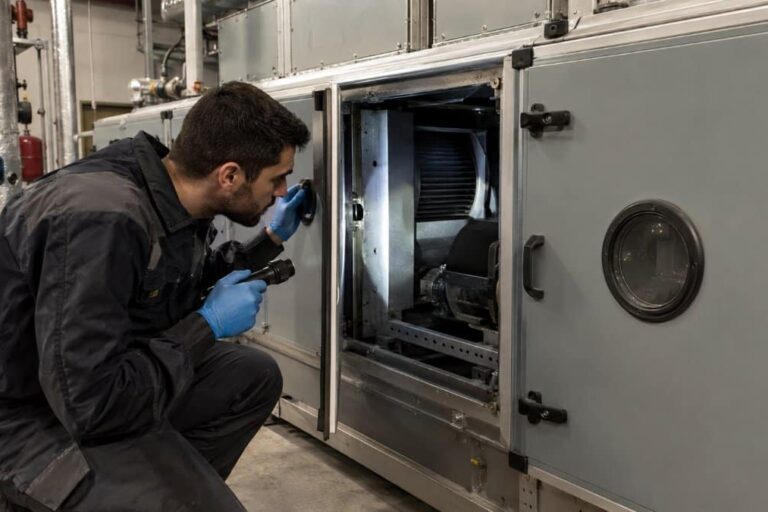tecnico con tuta da lavoro e torcia ispeziona la sezione interna di una unità di trattamento aria con il pannello di ispezione aperto