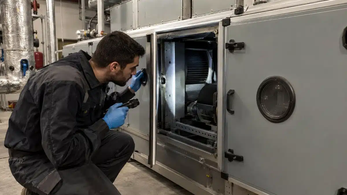 tecnico con tuta protettiva e torcia ispeziona la sezione ventilante aperta di una unità di trattamento aria in un locale tecnico