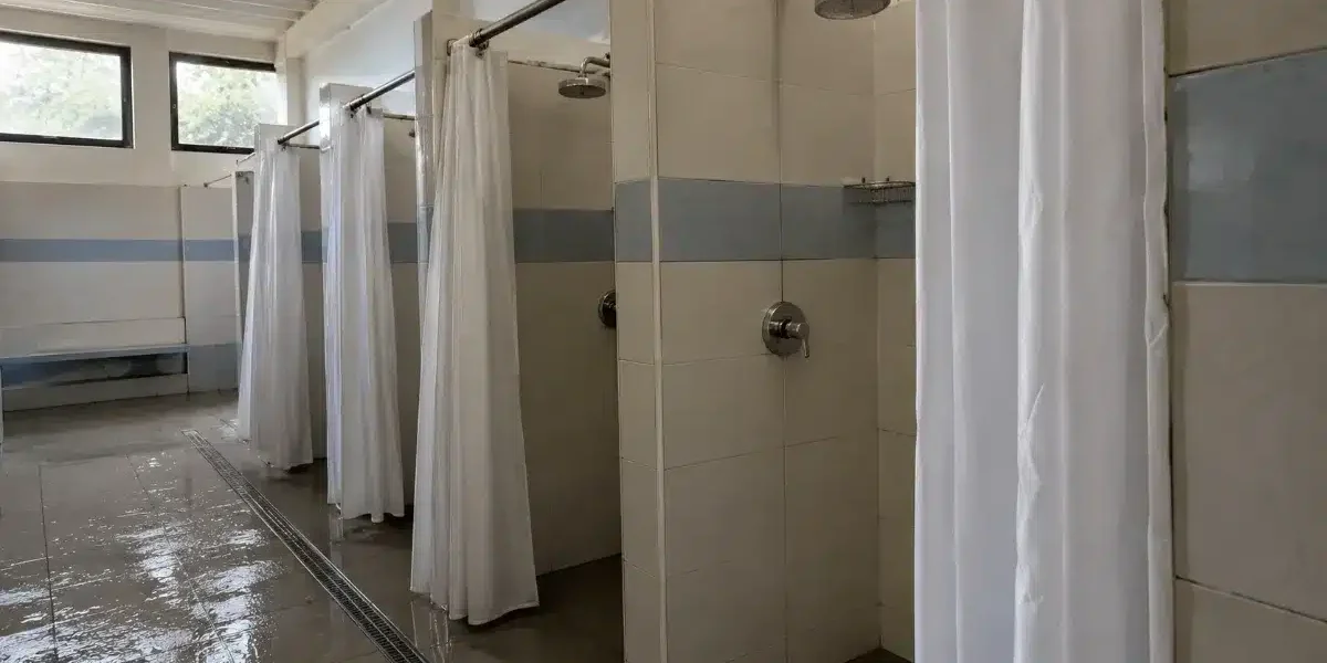 blocco docce di un campeggio, punto critico per la legionella nei campeggi e villaggi turistici