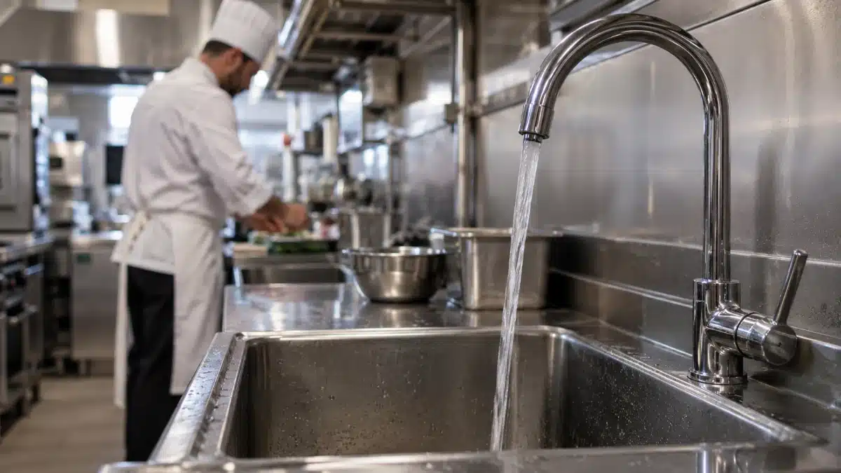 Legionella ristorazione: rubinetto e rete idrica in una cucina professionale