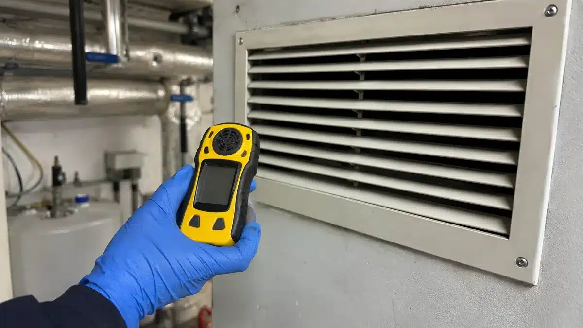 Tecnico misura la concentrazione residua di ozono con un rilevatore portatile prima del rientro nell'ambiente trattato