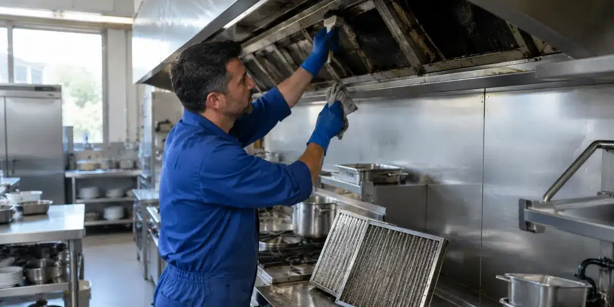 Normativa pulizia cappe industriali: tecnico al lavoro su una cappa di cucina professionale Tecnico AirBio esegue la pulizia di una cappa industriale in una cucina professionale secondo la normativa