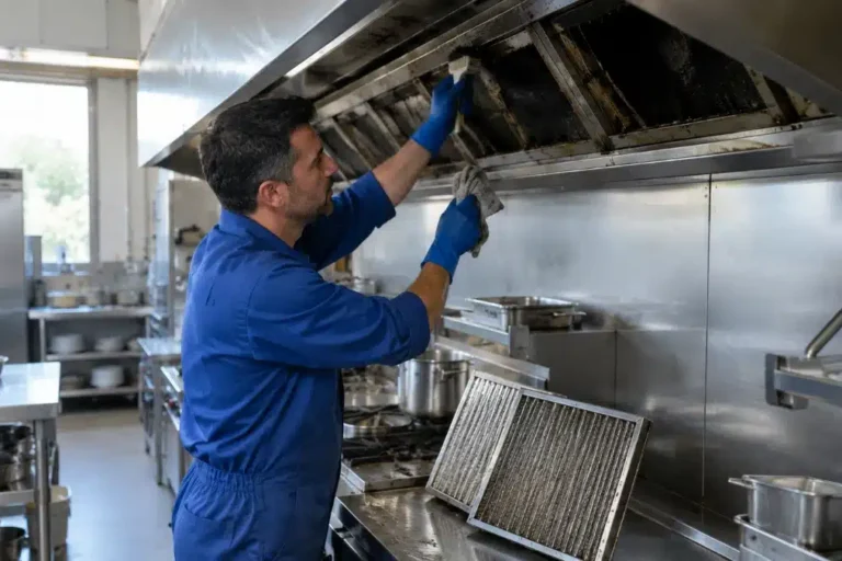 Tecnico AirBio esegue la pulizia di una cappa industriale in una cucina professionale secondo la normativa