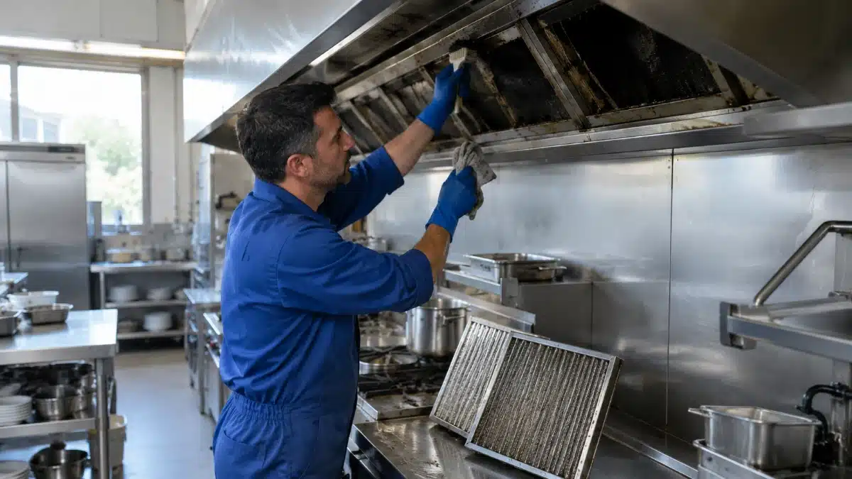Tecnico AirBio esegue la pulizia di una cappa industriale in una cucina professionale secondo la normativa