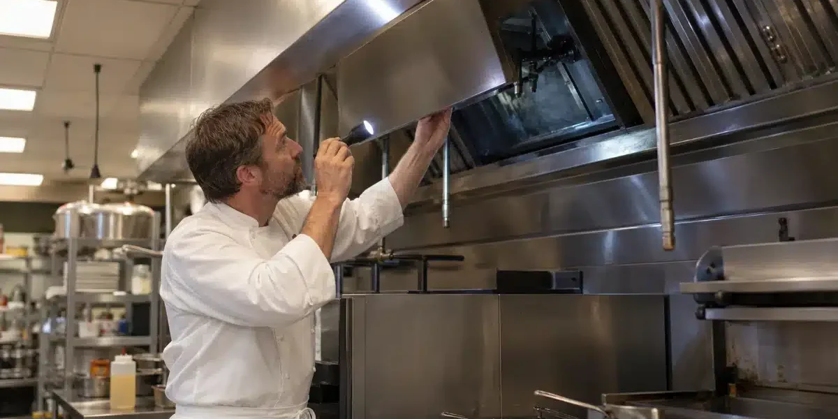 Ogni Quanto Pulire la Cappa del Ristorante: Frequenze per Tipo di Cucina Chef controlla i filtri della cappa del ristorante per decidere quando programmare la pulizia professionale