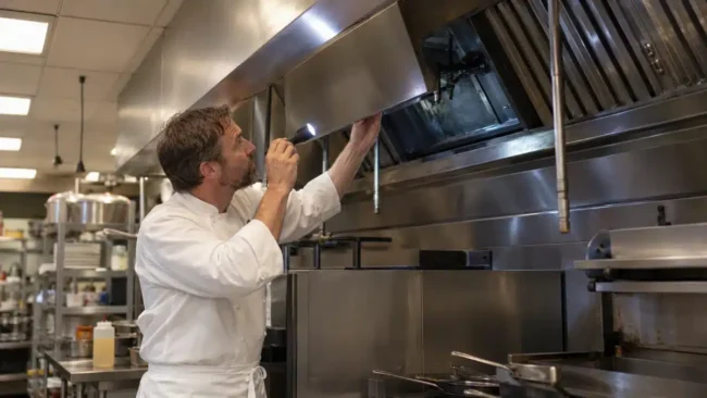 Chef controlla i filtri della cappa del ristorante per decidere quando programmare la pulizia professionale