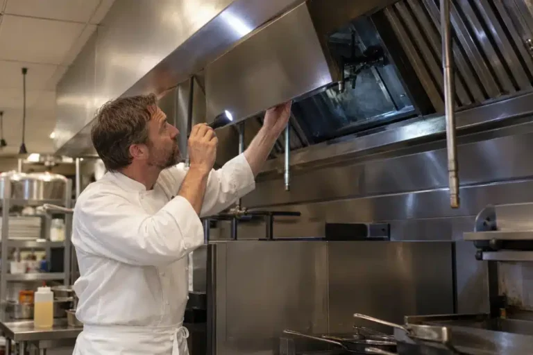 Chef controlla i filtri della cappa del ristorante per decidere quando programmare la pulizia professionale