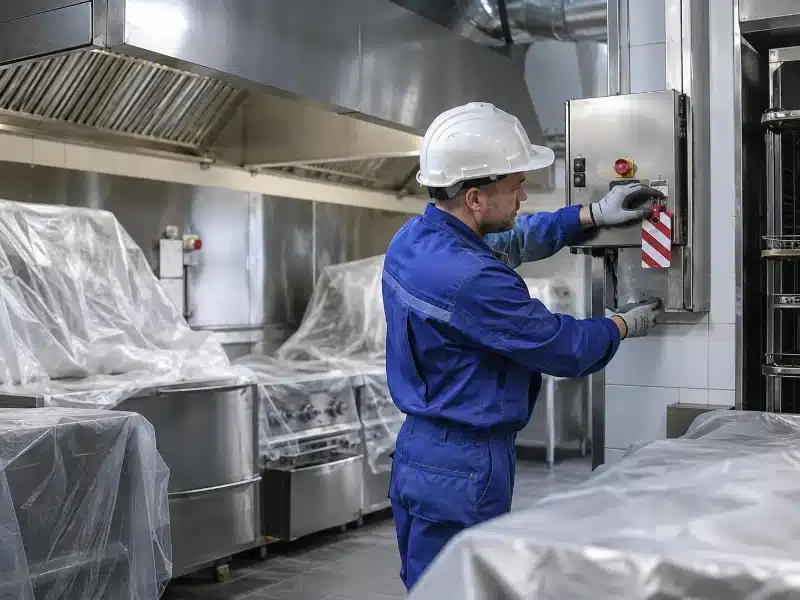 Protezione della cucina prima dello sgrassaggio della cappa in un ristorante di Bergamo – AirBio