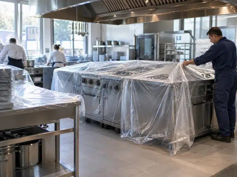 Protezione della cucina prima dello sgrassaggio della cappa in un ristorante di Bologna – AirBio