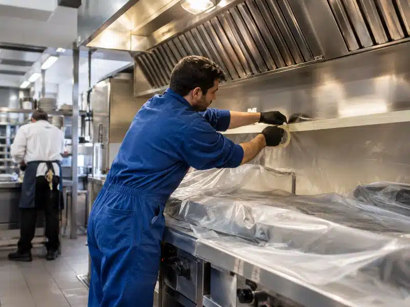 Protezione della cucina prima dello sgrassaggio della cappa in un ristorante di Genova – AirBio