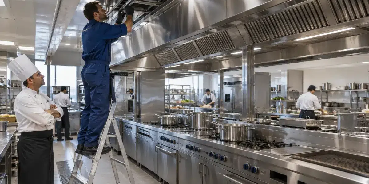 Tecnico AirBio ispeziona la cappa a isola della cucina di un hotel insieme allo chef executive
