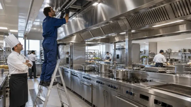 Tecnico AirBio ispeziona la cappa a isola della cucina di un hotel insieme allo chef executive