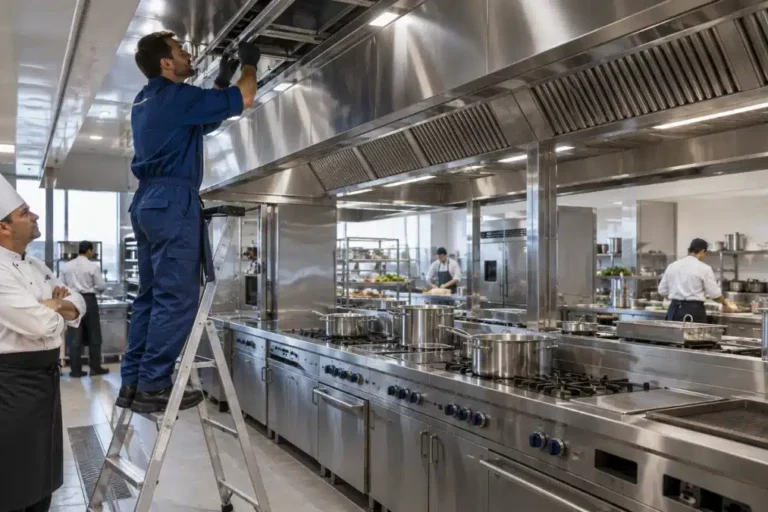 Tecnico AirBio ispeziona la cappa a isola della cucina di un hotel insieme allo chef executive