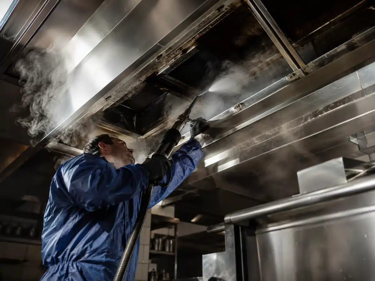 Tecnico AirBio al lavoro sulla cappa di una cucina professionale: pulizia cappe industriali a Bergamo