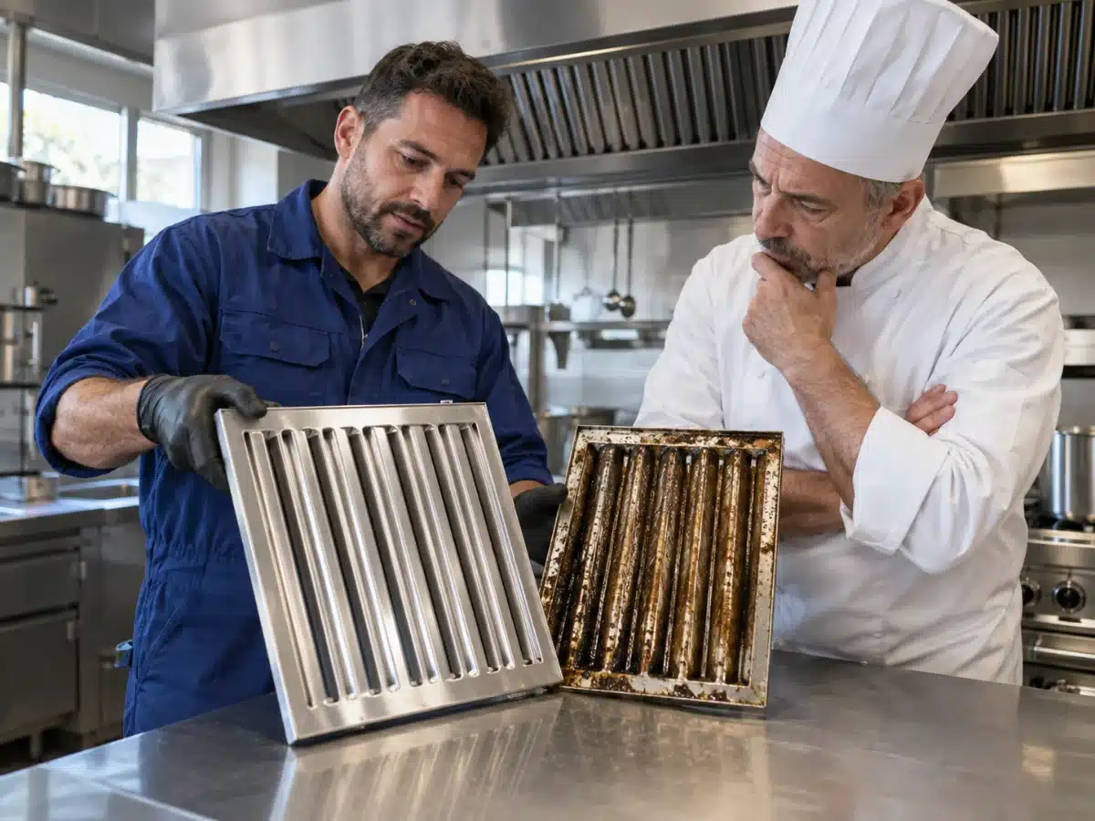 Tecnico AirBio al lavoro sulla cappa di una cucina professionale: pulizia cappe industriali a Bologna