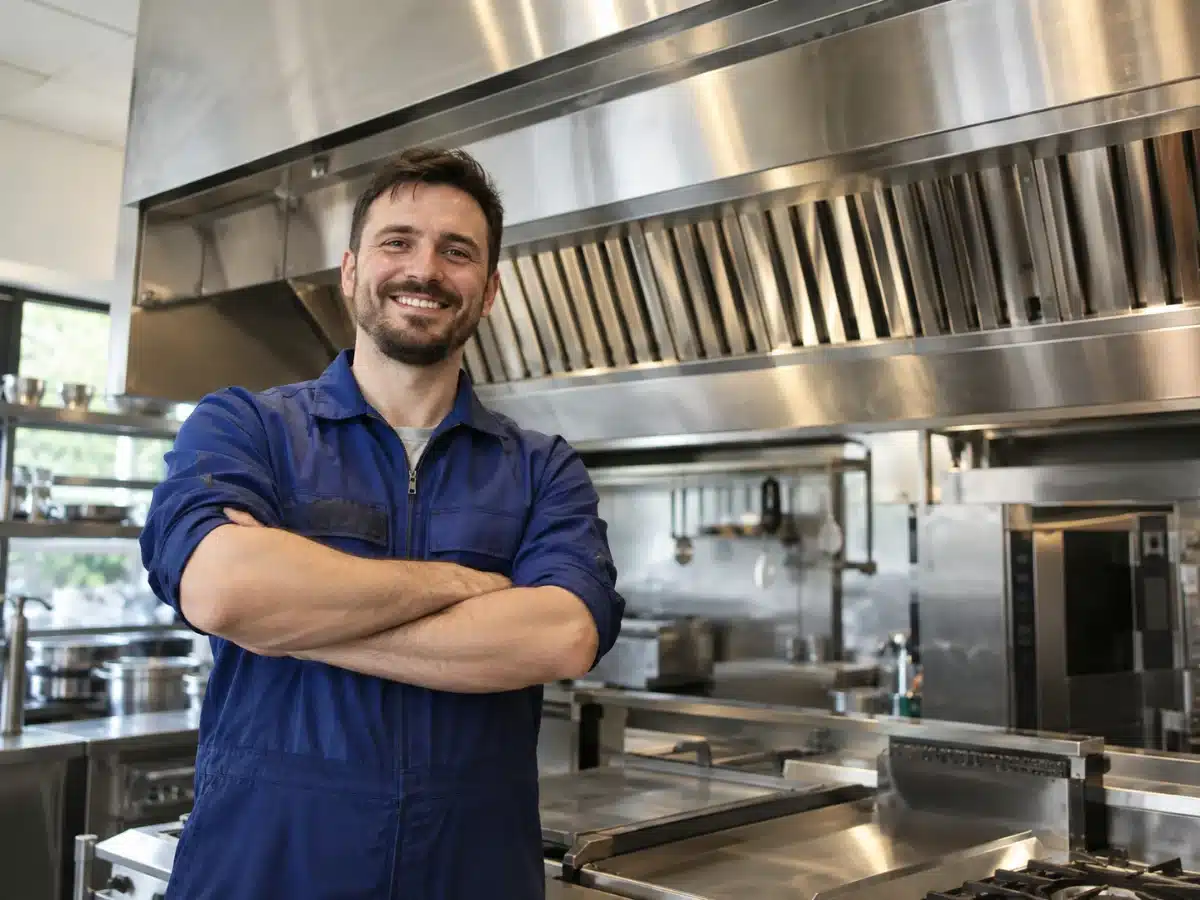Tecnico AirBio al lavoro sulla cappa di una cucina professionale: pulizia cappe industriali a Brescia