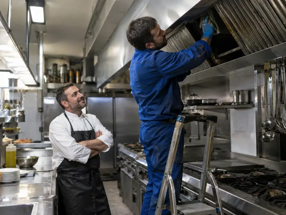 Tecnico AirBio al lavoro sulla cappa di una cucina professionale: pulizia cappe industriali a Milano