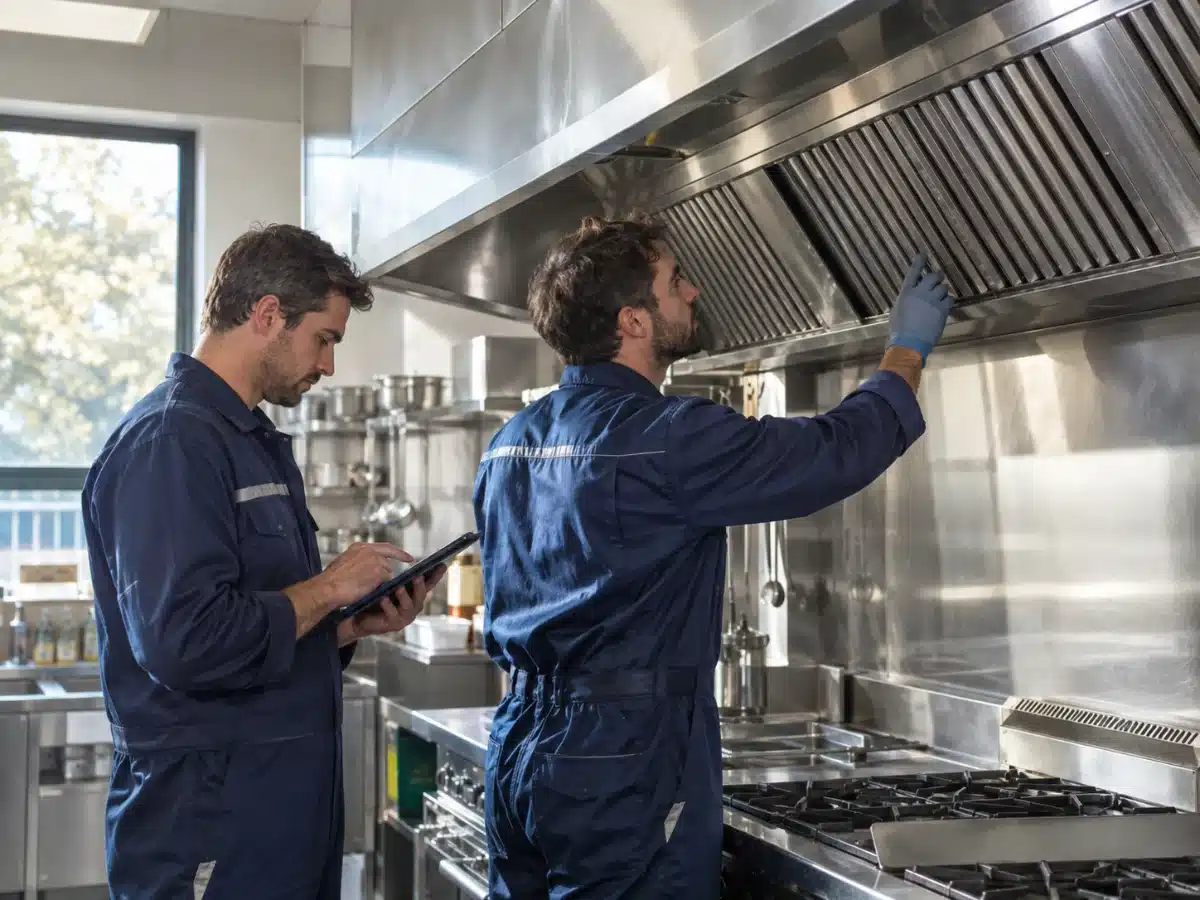 Tecnico AirBio al lavoro sulla cappa di una cucina professionale: pulizia cappe industriali a Modena