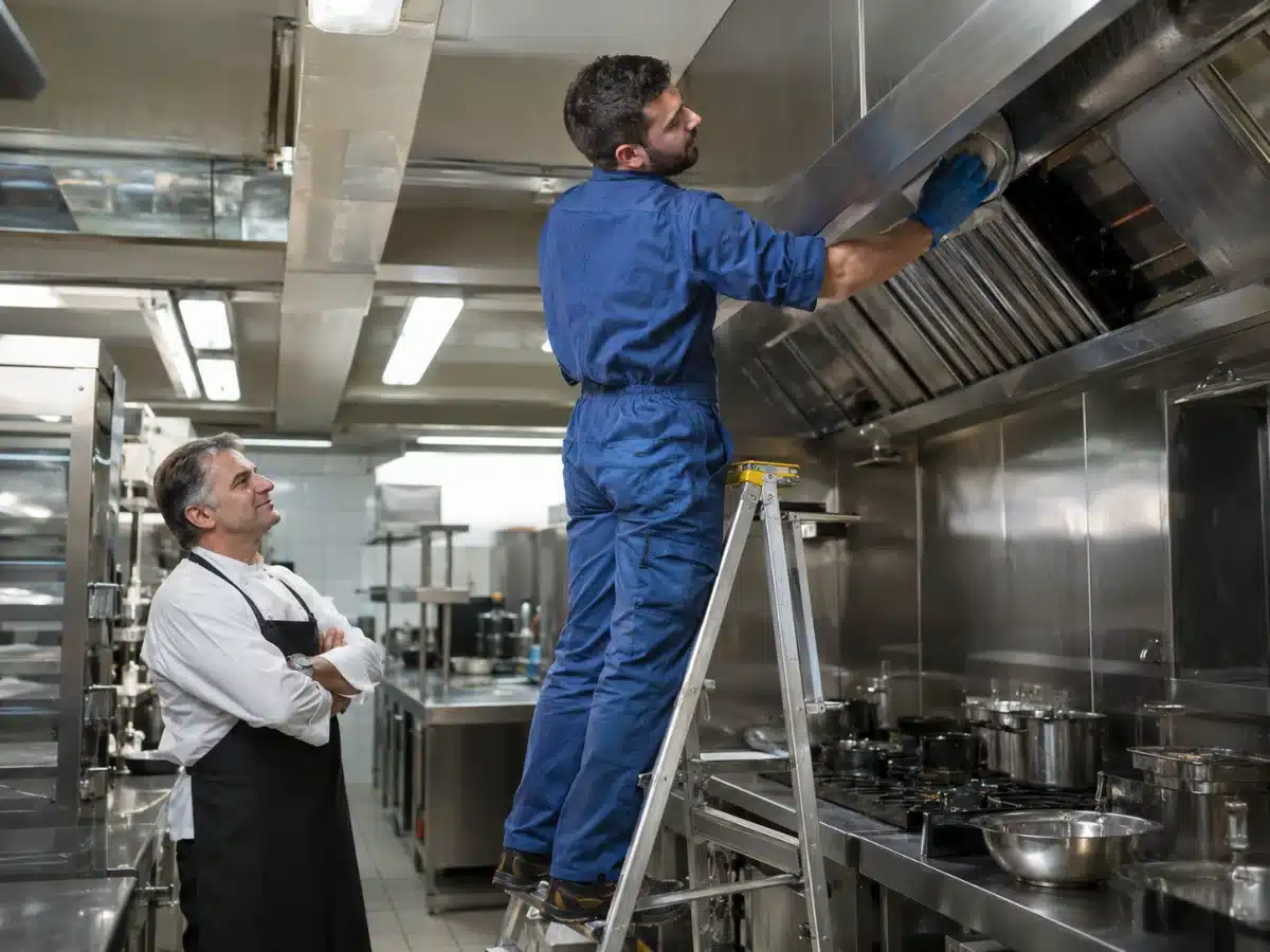 Tecnico AirBio al lavoro sulla cappa di una cucina professionale: pulizia cappe industriali a Padova