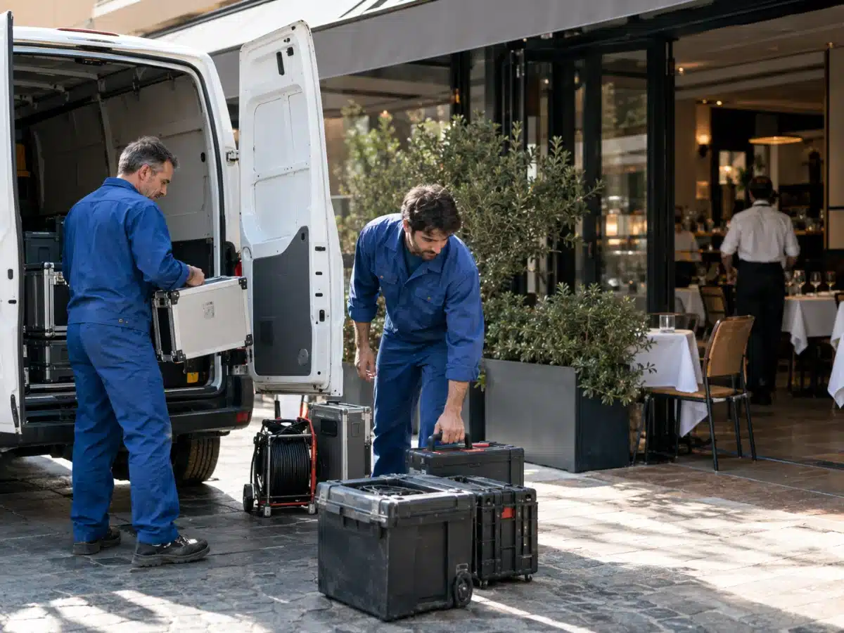 Tecnico AirBio al lavoro sulla cappa di una cucina professionale: pulizia cappe industriali a Parma