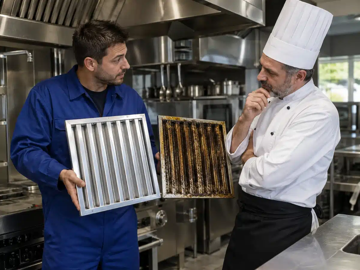 Tecnico AirBio al lavoro sulla cappa di una cucina professionale: pulizia cappe industriali a Venezia