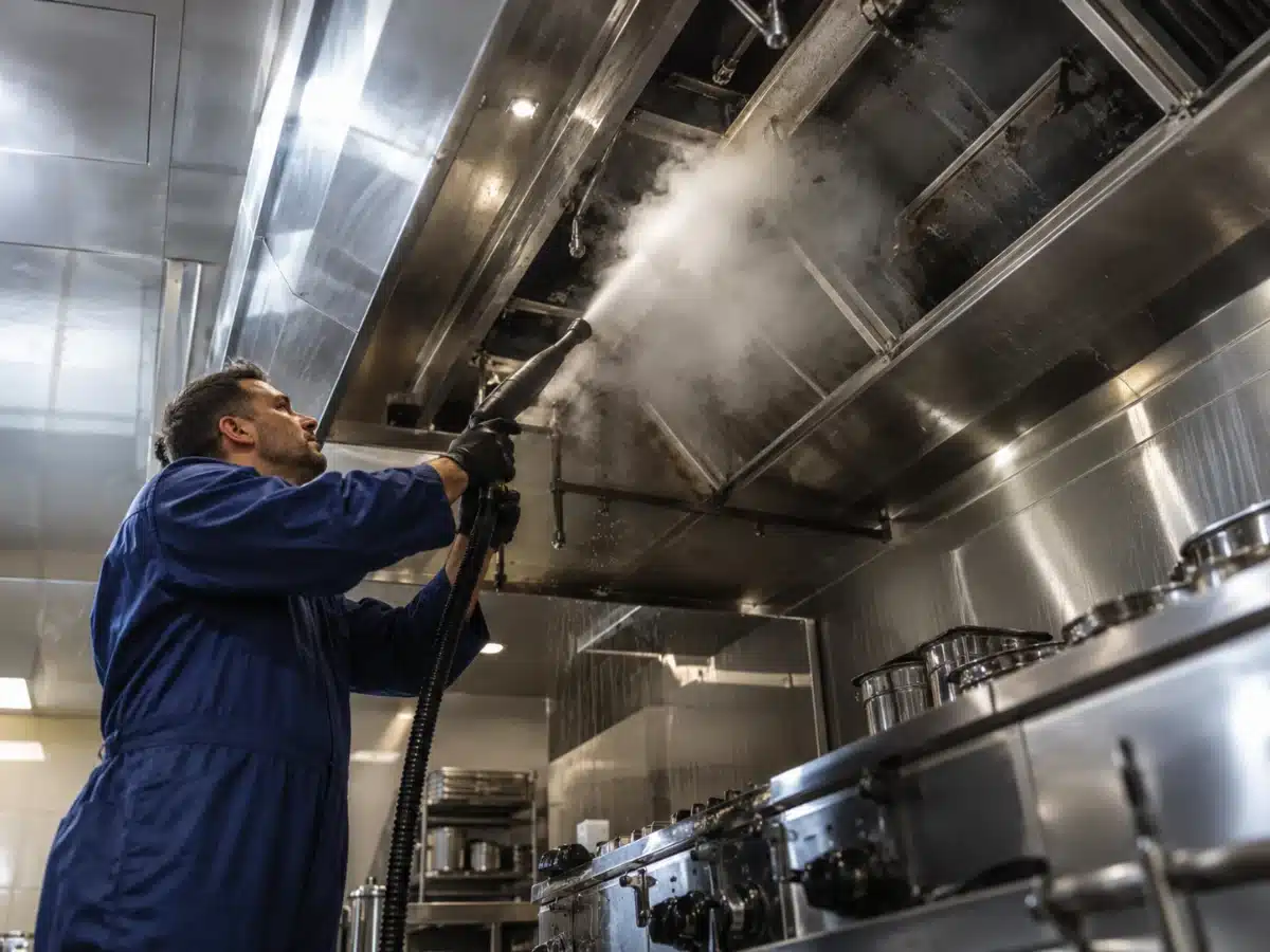 Tecnico AirBio al lavoro sulla cappa di una cucina professionale: pulizia cappe industriali a Verona