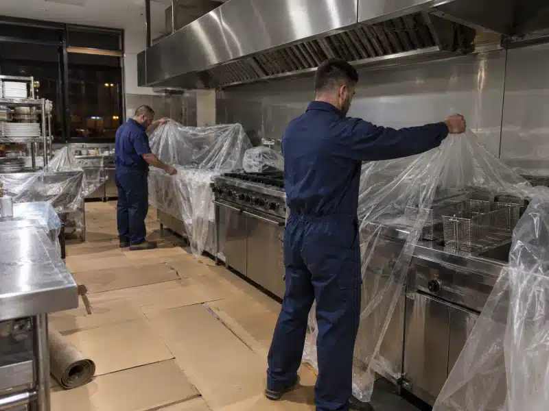 Protezione della cucina prima dello sgrassaggio della cappa in un ristorante di Milano – AirBio