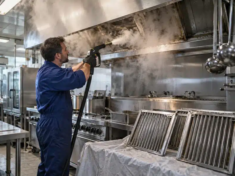 Sgrassaggio di filtri e cappa con vapore in un ristorante di Milano – AirBio
